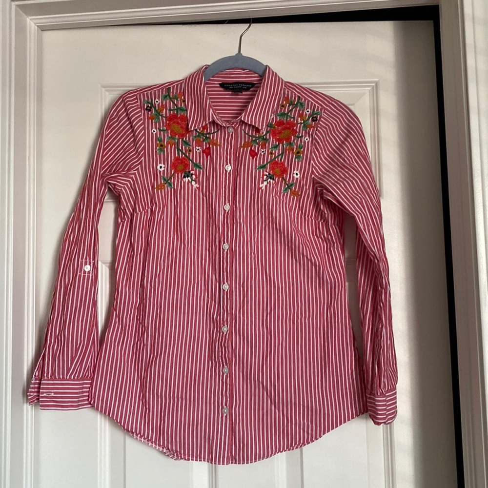 Striped, Embroidered Women’s Button Down